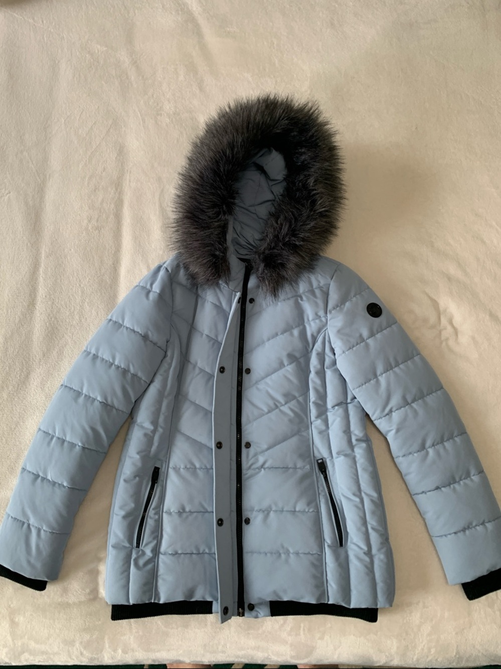 Point Zero Pale Blue Quilted Hooded Puffer with Dark Faux Fur Trim